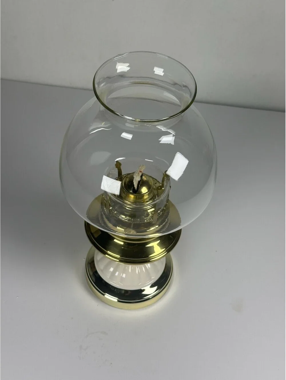 Vintage Style Brass & Ceramic Oil Lamp with Glass Chimney - Storage F-10